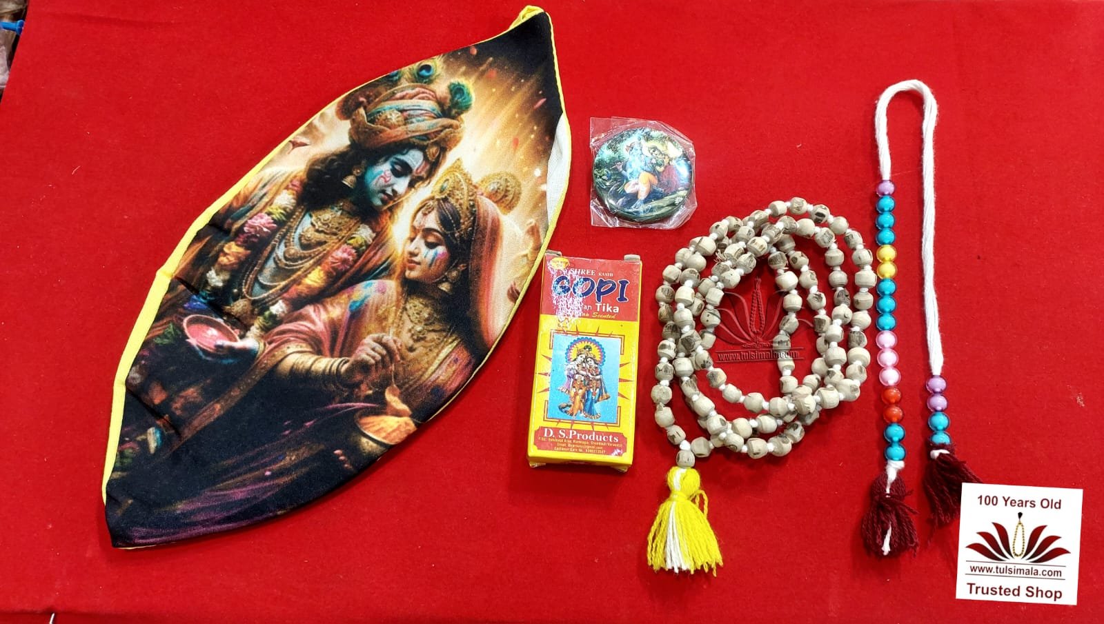 Tulsi Jap Mala with Radha Krishna Jap Beg With Gopichanadn Tika